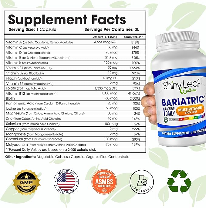 Shiny Leaf Bariatric Multivitamin Without Iron - Vitamins for Gastric Bypass & Sleeve, 1 Daily Capsule W Vitamin A, C, D, Biotin, Zinc, B12, K, Vegetarian, Soy-Free, GMP Cert., Made in USA (60 Ct.)