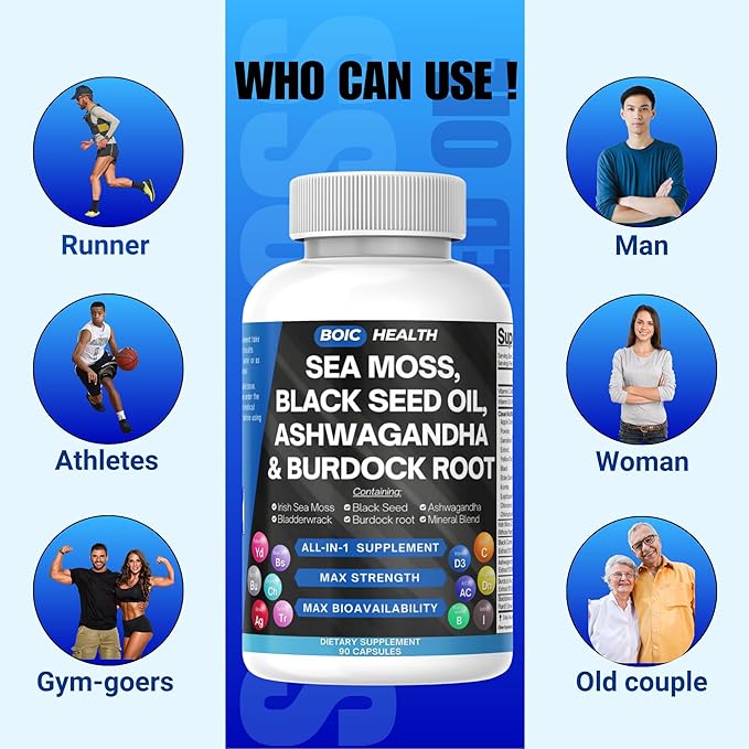 Sea Moss Capsules – Wildcrafted Irish Sea Moss with Black Seed Oil, Ashwagandha, Bladderwrack, Burdock Root, Turmeric & Elderberry – 15-in-1 Superfood Blend – 90 Capsules (Pack of 1)