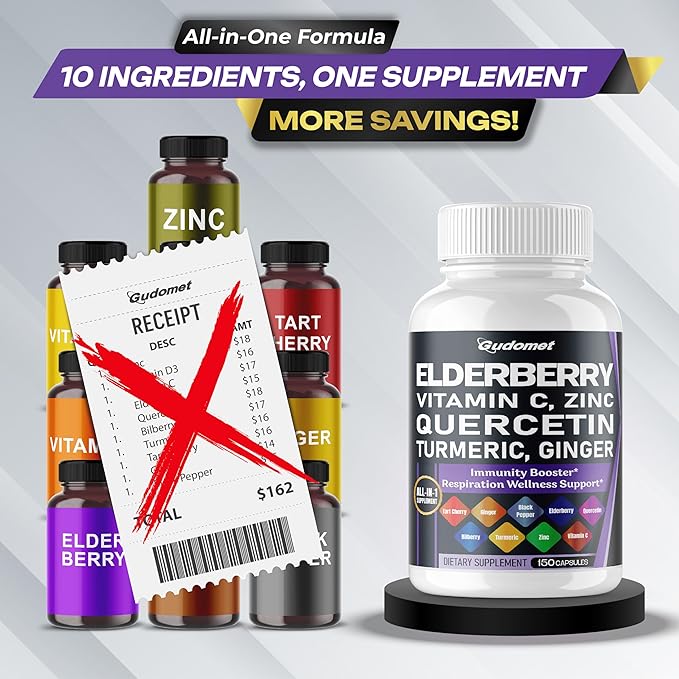Elderberry Quercetin Bilberry Turmeric Tart Cherry Ginger Vitamin C Vitamin D3 Zinc Black Pepper -150 Capsules- Made in USA