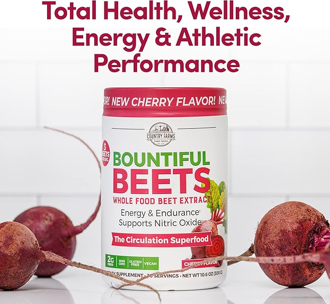 COUNTRY FARMS Bountiful Beets Powder, Wholefood Beet Extract Superfood, Natural Nitric Oxide Booster, Helps Support Healthy Circulation and Promote Energy, Natural Pump, Cherry Flavor, 60 Servings