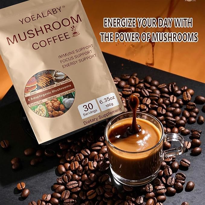 Mushroom Coffee,Organic 6 Adaptogenic Mushrooms Cordyceps, Reishi, Lion's Mane - Enhanced with MCT Oil, Non-GMO Instant Coffee - 180g, 30 Servings - Enhances Focus, Energy & Immunity