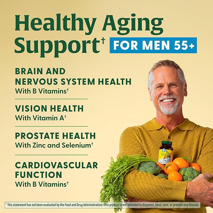MegaFood Men's 55+ One Daily - Multivitamin for Men with Vitamin B12, C, D & Zinc - Optimal Aging & Immune Support Supplement - Vegetarian - Made Without 9 Food Allergens - 120 Tabs