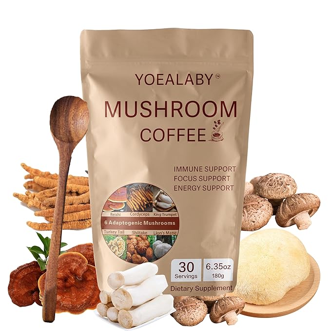 Mushroom Coffee,Organic 6 Adaptogenic Mushrooms Cordyceps, Reishi, Lion's Mane - Enhanced with MCT Oil, Non-GMO Instant Coffee - 180g, 30 Servings - Enhances Focus, Energy & Immunity