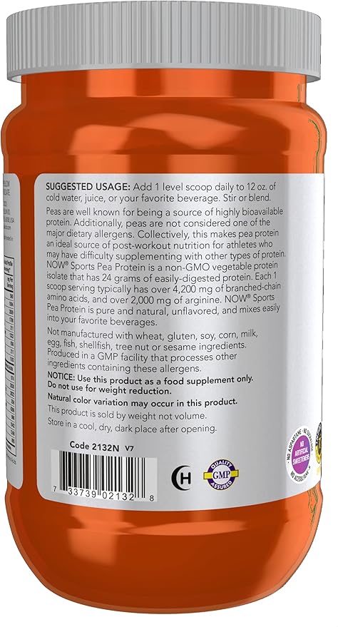 NOW Sports Nutrition, Pea Protein 24 g, Easily Digested, Unflavored Powder, 12-Ounce (Pack of 2)