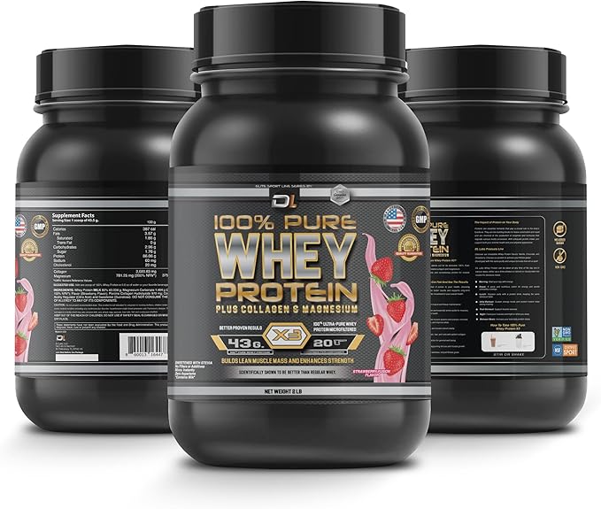 DL 100% Pure Whey Protein Powder + Collagen & Magnesium | 43g Protein – 8.7g BCAA – 0g Fat | Muscle Gain, Recovery & Nutrient Delivery | Immune Support | Quick & Easy Mixing Protein Powder | 2 lb