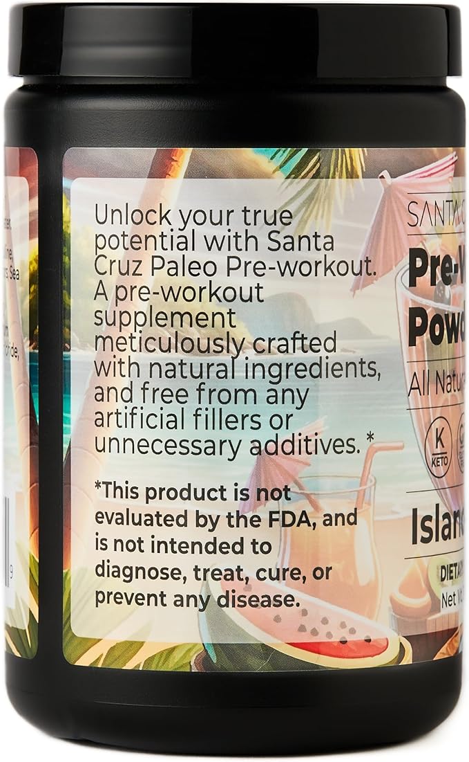 Santa Cruz Paleo Natural Pre Workout Powder, Island Punch, Keto Preworkout with Electrolytes Magnesium, Potassium, L-Citrulline, Caffeine Free, Sugar Free Drink Mix for Energy & Hydration, 30 Servings