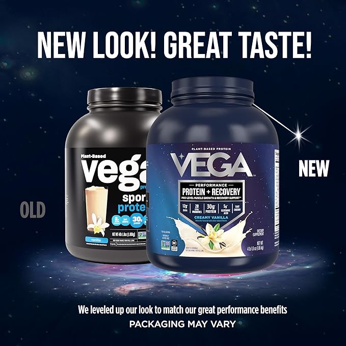 Vega Sport Vegan Protein Powder + Recovery - 30g Plant Based Protein per Serving, Vanilla, 45 Servings, 5g BCAAs, Probiotics, NSF Certified, For Shakes & Smoothies, 4.1lbs (Packaging May Vary)