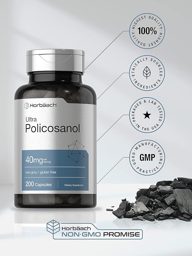 Horbäach Policosanol 40mg | 200 Capsules | Non-GMO and Gluten Free Supplement