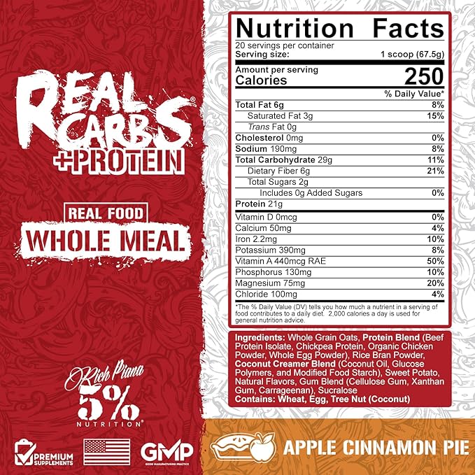 5% Nutrition Rich Piana Real Carbs + Protein | Clean Mass Gainer Meal Replacement Protein Powder | Carbohydrate for Pre Workout/Post-Workout Recovery Meal | 2.9 lb, 20 Servings (Apple Cinnamon Pie)