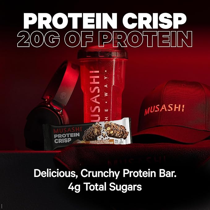 MUSASHI Protein Crisp Bar, 20g Protein, 4g Total Sugars, Chocolate & Peanut, Post Workout and Snack On The Go, 12 Pack of 2.1oz (60g) Bars