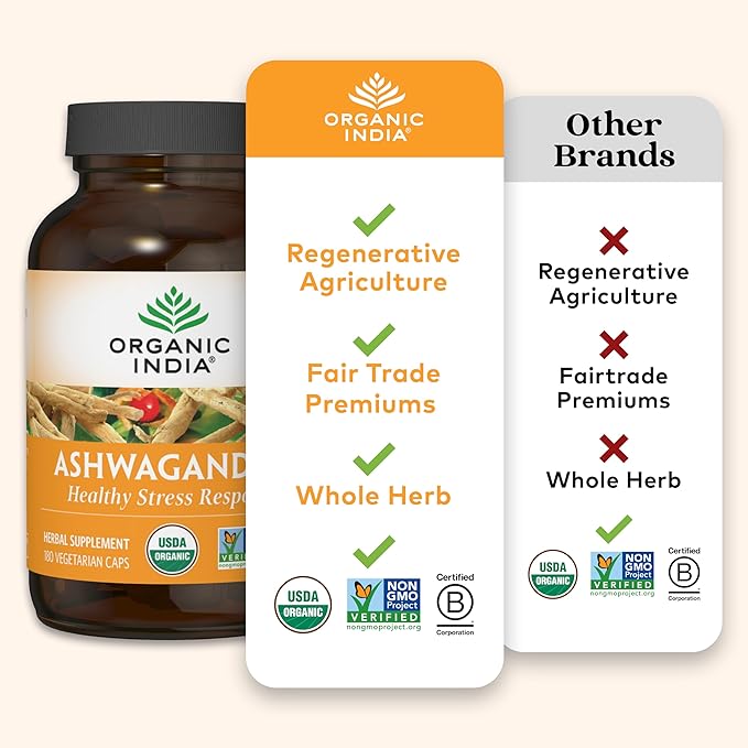 ORGANIC INDIA Ashwagandha Herbal Supplement - Stress Response Support, Vegan, Gluten-Free, Kosher, USDA Certified Organic, Non-GMO, Supports Mood, Endurance, Vitality & Strength - 180 Capsules