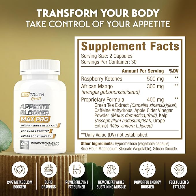 Appetite Blocker Max Pro - GLP-1 Supplement Weight Loss Pills for Women & Fat Burner for Men to Shred Fat + Appetite Suppressant | 7 Research Backed Ingredients for Diet, Boosting Metabolism - 60 Caps