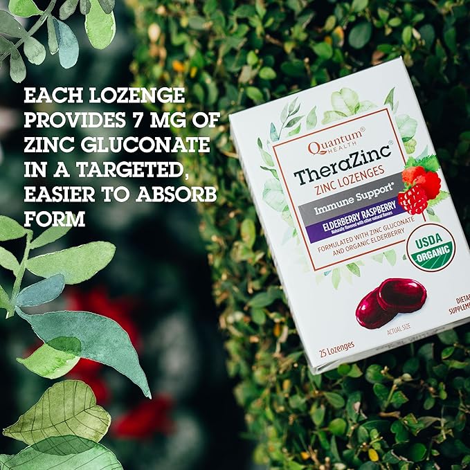 Quantum Health TheraZinc Organic Zinc Lozenges Elderberry Sambucus Raspberry & Honey Immune Support for Adults & Kids 12+ Naturally Flavored Fast Relief with No Aftertaste - 25 Count