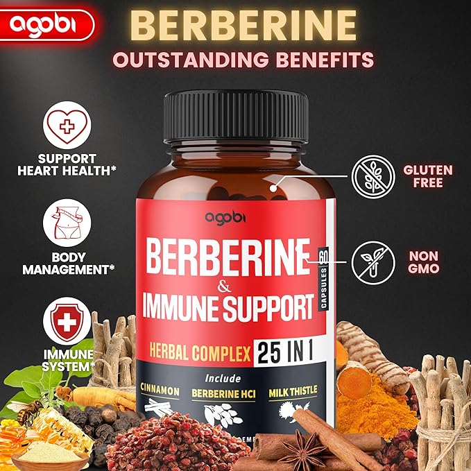 Premium Berberine Supplement with Ceylon, Ashwagandha, Turmeric, Milk Thistle, Elderberry & Black Pepper - Supports Immune System, Cardiovascular & Gastrointestinal - 60 Capsules