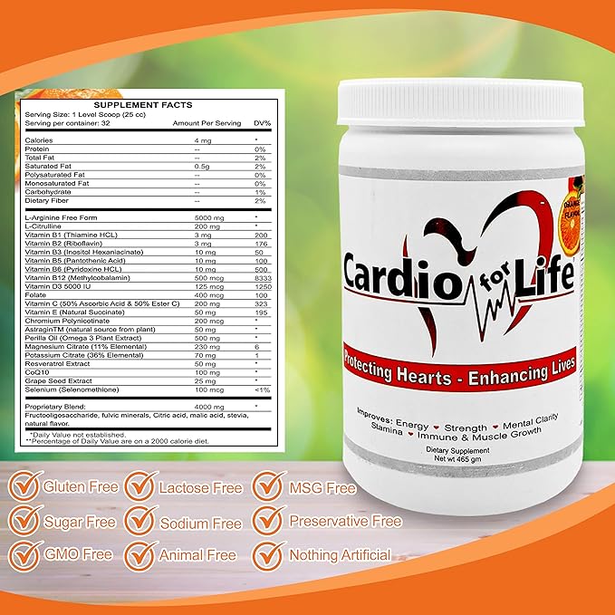 Cardio for Life L-Arginine Powder 16oz - Natural Nitric Oxide Supplement Cardiovascular Increase Energy - Orange