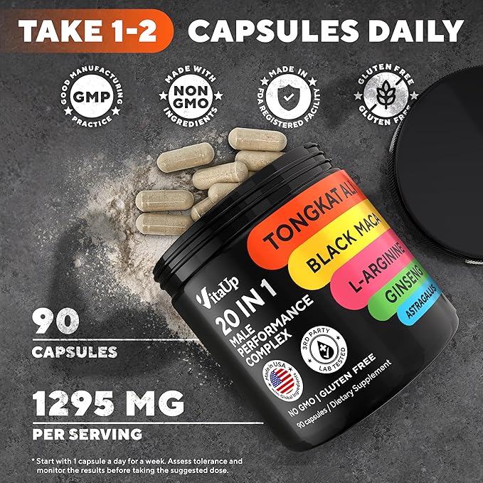 Tongkat Ali for Men 20 in 1 with Astragalus - USA Made Mens Supplement Complex with Black Maca Root, L-Arginine, Ginseng, Calcium, Astragalus for Normal Strength & Endurance Support - 90 Caps