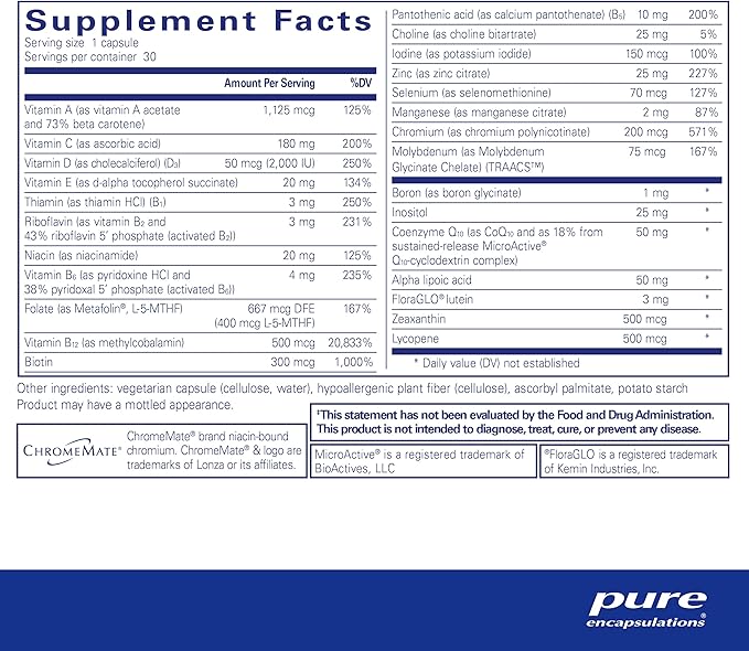 Pure Encapsulations O.N.E. Multivitamin - Once Daily Multivitamin with Antioxidant Complex Metafolin, CoQ10, and Lutein to Support Vision, Cognitive Function, and Cellular Health* - 30 Capsules