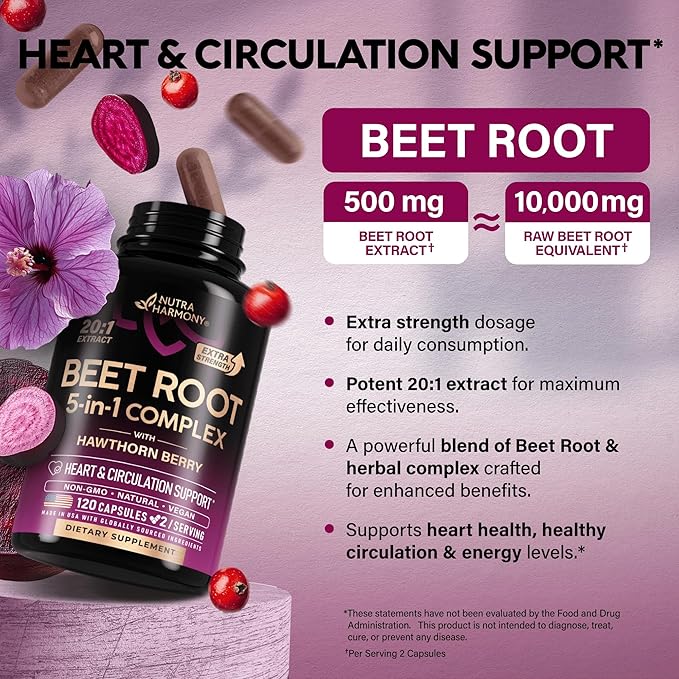 Beet Root Capsules - Healthy Blood Pressure Support Supplement** for Heart & Circulation Support - with Hawthorn Berry, Hibiscus & Garlic - Nitric Oxide for Energy - Made in USA, 120 Capsules