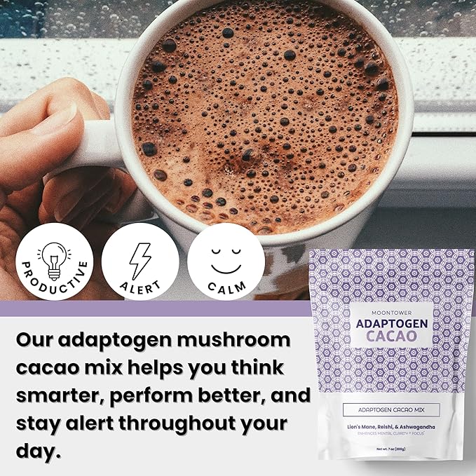 Moontower Cacao Mushroom Coffee Alternative - Lions Mane, Reishi, & Ashwagandha Adaptogen Mushroom Blend - Keto-Friendly, Dairy-Free, for Healthy Lifestyle (7 oz)