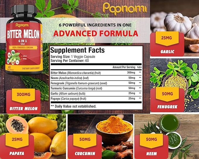 Organic Bitter Melon Extract Capsules - 60 Pills 2 Month - Combined Neem, Fenugreek, Curcumin, Garlic & Papaya