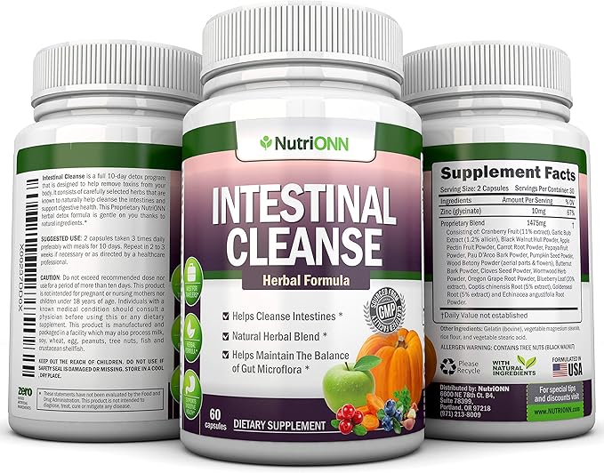 Intestinal Cleanse - All Natural Herbal Detox Formula - Full 10-Day Detox Program - Wormwood, Cranberry, Paul D'Arco, Goldenseal, Garlic, Black Walnut Hull, Echinacea and 10 Other Natural Ingredients