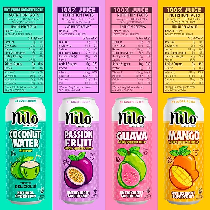 NILO Variety Pack | 100% Squeezed Juice Guava Mango Coconut Water Passion Fruit | NO Sugar added | NON GMO | NOT From Concentrate | 10.82 oz (Pack of 12)