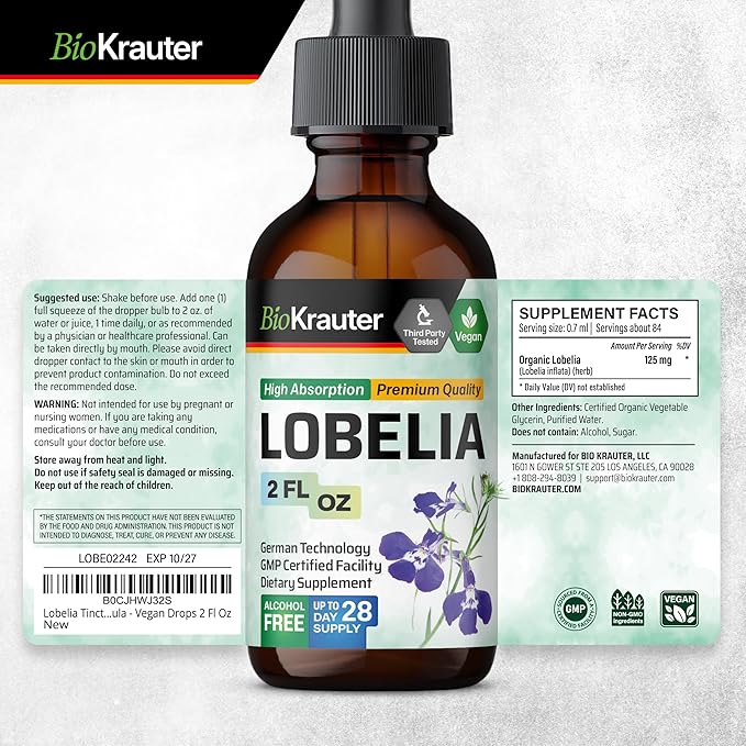 BIO KRAUTER Lobelia Tincture - Vegan Lobelia Extract - Alcohol & Sugar Free Respiratory Support Supplement - 2 Fl.Oz.