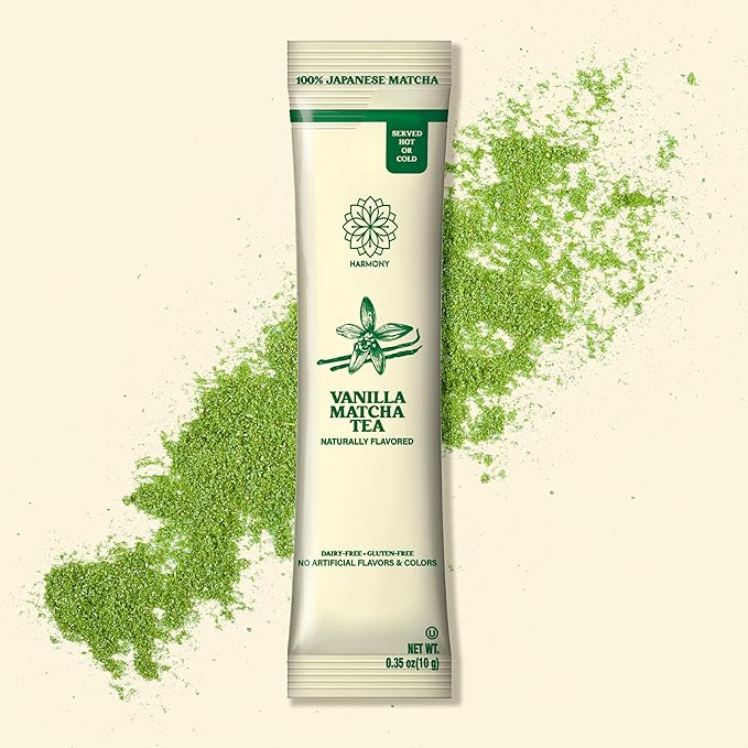 Harmony Matcha Vanilla – Premium Japanese Matcha Powder, Shade-Grown & Stone-Ground, Rich in Antioxidants & L-Theanine, Sweetened with Organic Sugar, No Preservatives, 10 Stick Packs