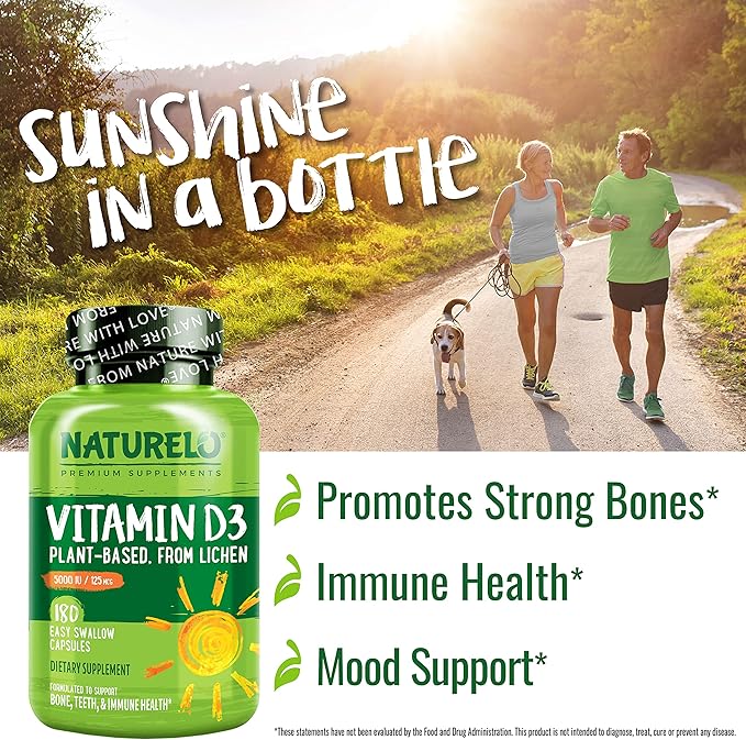 NATURELO Vitamin D - 5000 IU - Plant Based from Lichen - Natural D3 Supplement for Immune System, Bone Support, Joint Health - High Potency - Vegan - Non-GMO - Gluten Free - 180 Capsules (Pack of 2)