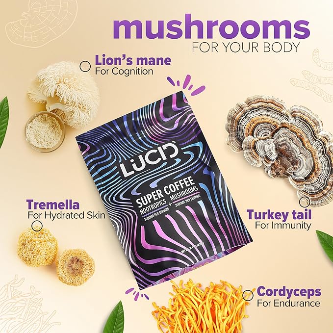 Lucid Superfood Organic Mushroom Coffee with Nootropics - Lion's Mane, Tremella, Cordyceps & Turkey Tail - Instant Mushroom Coffee Focus Brain Health - Alpha GPC, L-Theanine, Ginko Biloba - USA Made