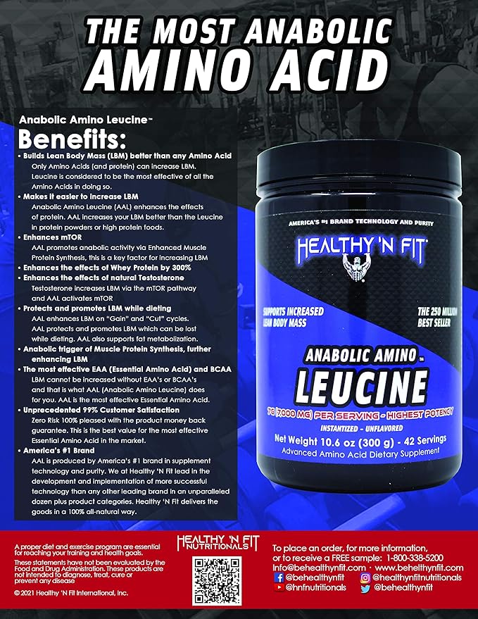 HEALTHY 'N FIT Anabolic Amino LEUCINE - Pure Instant L-Leucine, 300g (42 Servings)