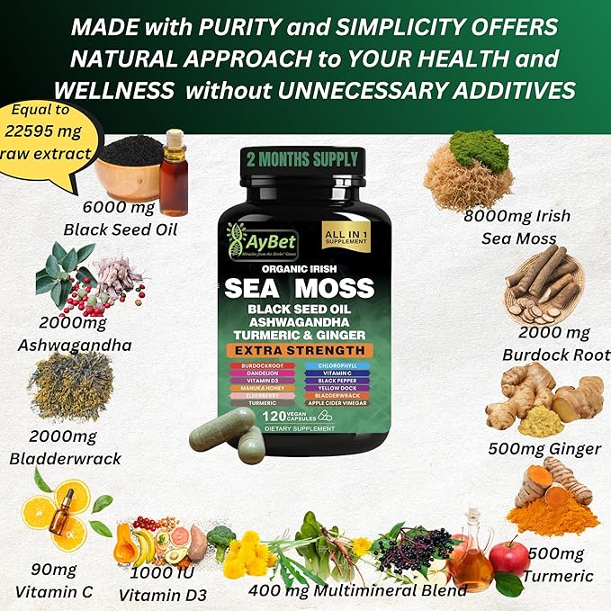 Organic Irish Sea Moss, Black Seed Oil, Ashwagandha, Turmeric,Ginger Capsule, Bladderwrack, Burdock, VIT C&VIT D3, Elderberry, Manuka Honey, Dandelion, Yellow Dock, Apple Cider Vinegar, Halal, Vegan