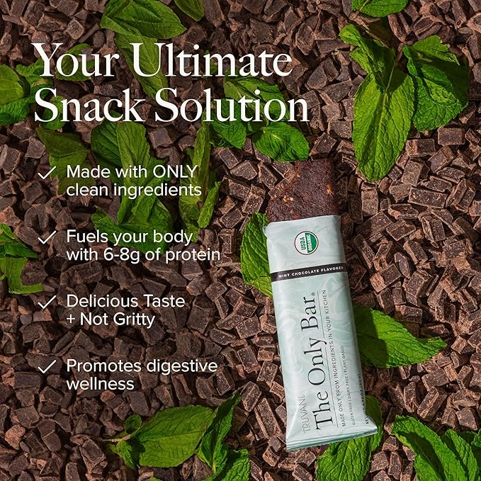 Truvani Plant Based Snack Bars | Chocolate Mint 4 Pack | 7g Protein | USDA Organic and Vegan | The Only Bar | Dairy, Soy, and Gluten Free | Individually Wrapped