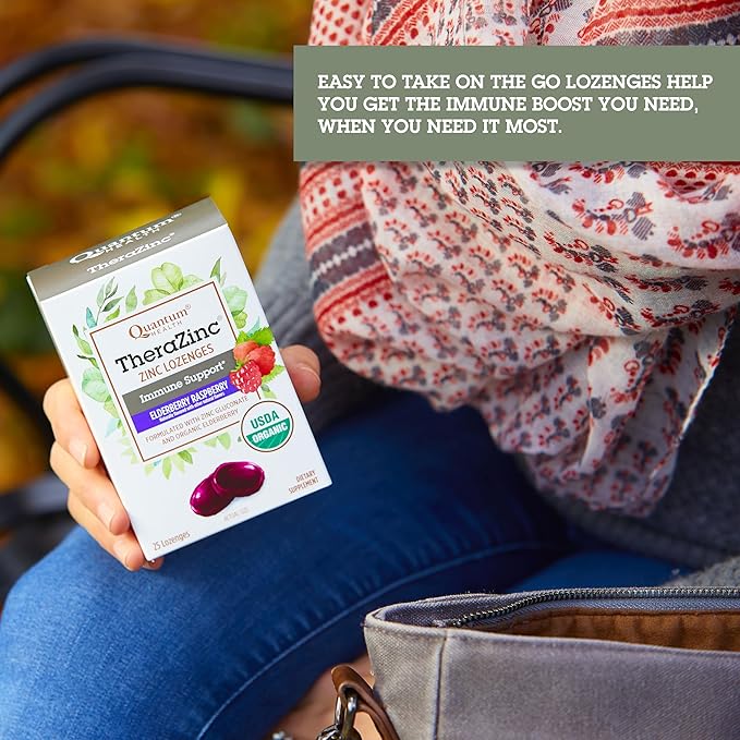 Quantum Health TheraZinc Organic Zinc Lozenges Elderberry Sambucus Raspberry & Honey Immune Support for Adults & Kids 12+ Naturally Flavored Fast Relief with No Aftertaste - 25 Count
