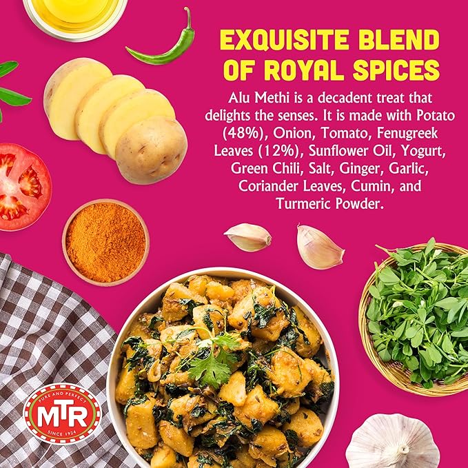 MTR - Alu Methi - Curried Potato with Fenugreek Leaves - Authentic Indian Ready To Eat Meal, Plant-Based, Delicious Microwave Food, Perfect for Quick & Nutritious Indian Cuisine Lovers (Pack of 6)