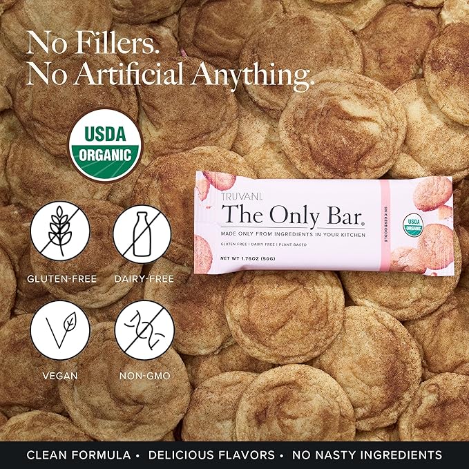Truvani Plant Based Snack Bars | Snickerdoodle 1 Pack | 5g Protein | USDA Organic and Vegan | The Only Bar | Dairy, Soy, and Gluten Free | Individually Wrapped