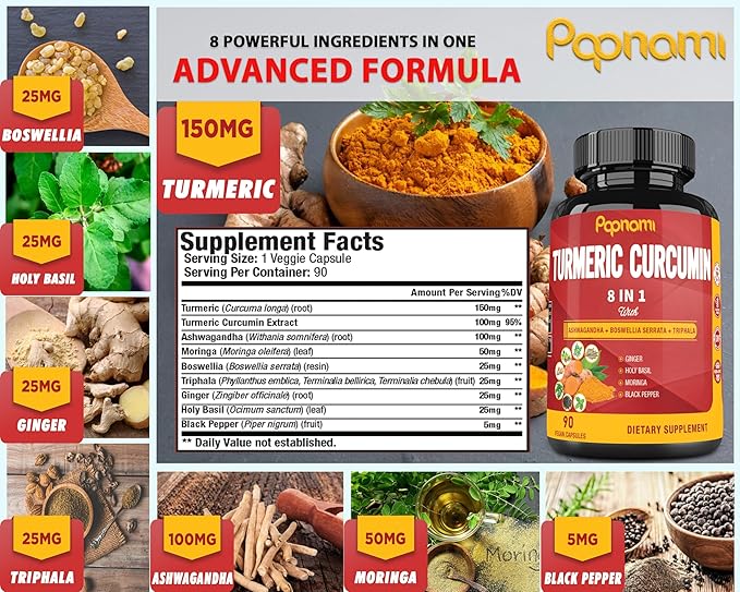 Turmeric Curcumin Extract Capsules - 90 Counts 3 Month Supply - Blended Ashwagandha, Moringa, Ginger & More - Immunity, Joint, Digestive & Wellness Support