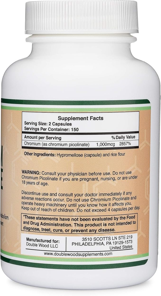 Chromium Picolinate 1000mcg for Healthy Weight Management (High Absorption and Bioavailability) (300 Vegan Safe Capsules, Non-GMO, Gluten Free) by Double Wood Supplements