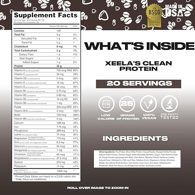 XEELA Plant Based Vegan Protein Powder - Independently Tested - 25g High Protein, Pea Protein for Men & Women - Vitamins & Minerals, Non GMO, Dairy & Gluten Free, LowCarb & LowFat (Java Chip)