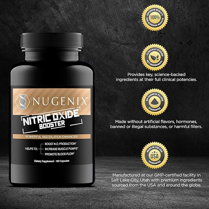 Nugenix Nitric Oxide Booster Supplement - Nitric Oxide Flow, L-Arginine, L-Citrulline, Pine Bark Extract - Vasodilator - 200 Count