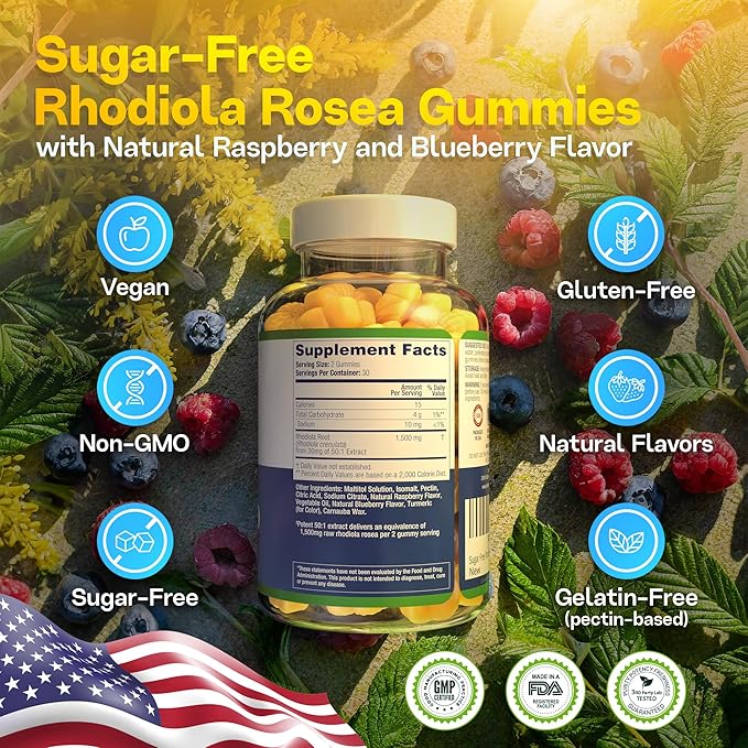 Purify Life Sugar-Free Rhodiola Rosea Gummies (1500mg/Serving) Cortisol Detox & Adrenal Support Supplement - Adaptogenic Rhodiola for Mood, Motivation, Stamina & Performance, Non-GMO, 60 Vegan Chews