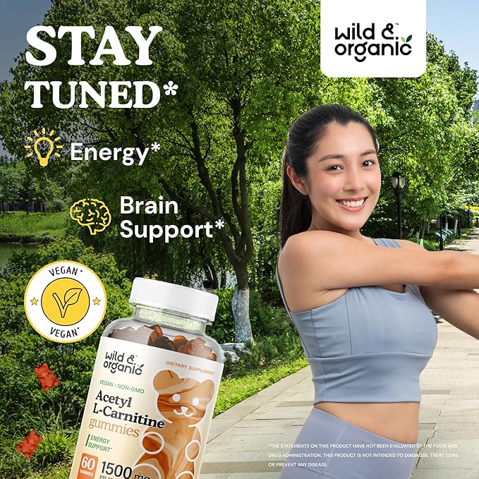 Wild & Organic Acetyl L-Carnitine 1500mg Gummies - Alcar Chews for Brain & Energy Support - L Carnitine Supplement with 60 Count - Energy and Focus Gummies with Acetyl Powder