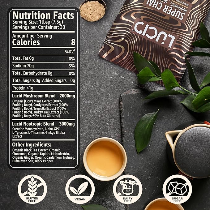 Lucid Superfood Organic Mushroom Chai with Nootropics - Lion's Mane, Tremella, Cordyceps & Turkey Tail - Instant Mushroom Chai Focus Brain Health - Alpha GPC, L-Theanine, Ginko Biloba - USA Made