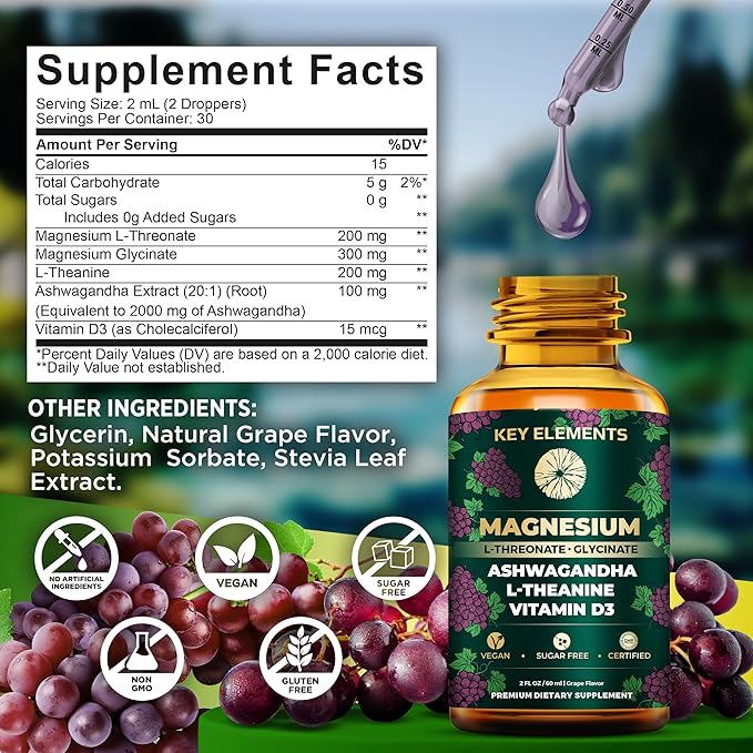 Liquid Magnesium L-Threonate with Magnesium Glycinate for Sleep | Ashwagandha with L Theanine and Vitamin D3 Magnesium Supplement | Ashwagandha and Magnesium with L-Theanine