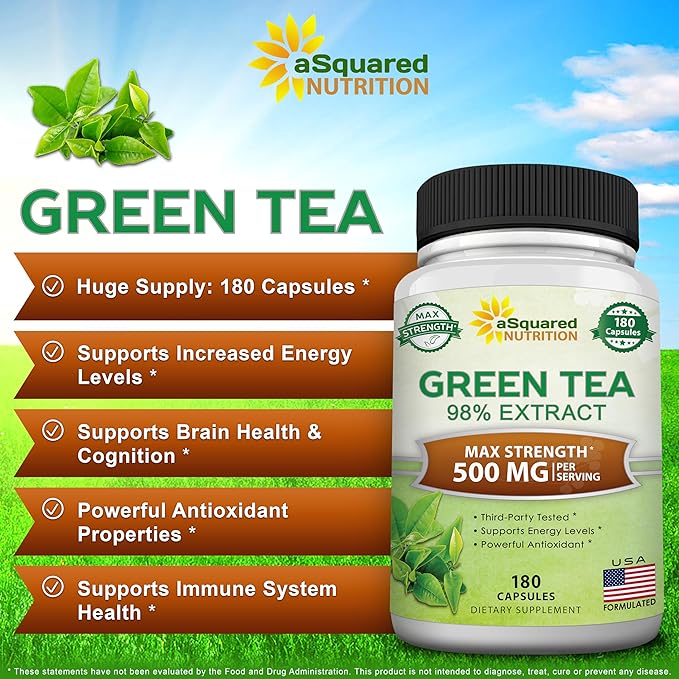 aSquared Nutrition Green Tea Extract with EGCG – 180 Capsules – 500mg per Capsule – 75% Polyphenols, 45% EGCG – Antioxidant Support, Heart Health, Natural Detox – Low Caffeine Supplement