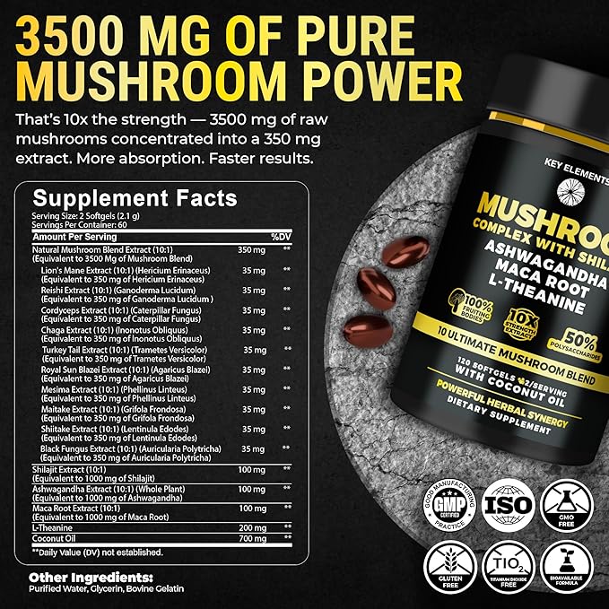 Organic Mushroom Complex with Shilajit & Coconut Oil - Lion’s Mane Mushroom Supplement with Ashwagandha and L-Theanine - Mushroom Nootropic for Memory, Focus & Immune Mushroom Capsules Softgels