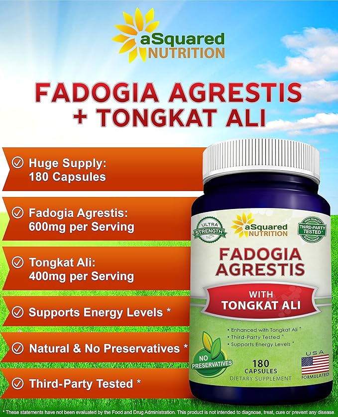 aSquared Nutrition Fadogia Agrestis 600mg and Tongkat Ali 400mg Supplement (180 Capsules) - Fadogia Agrestis Extract & Powder Complex Pills for Men & Women