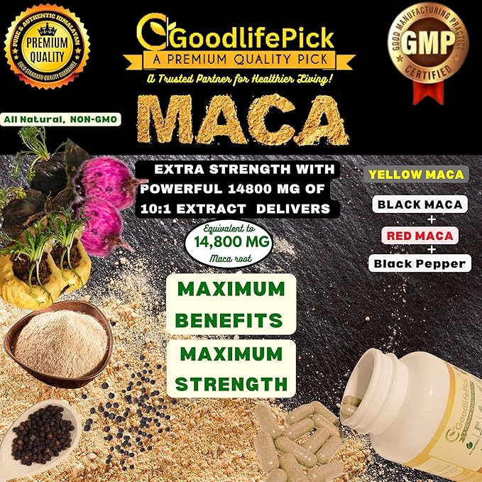 Peruvian Maca Root Capsules 150 ct. Powerful Maca Blend of Yellow Red & Black Maca Root with Black Pepper. All Natural NonGMO Vegan No Stearate No Rice Powder No Silica No Filler