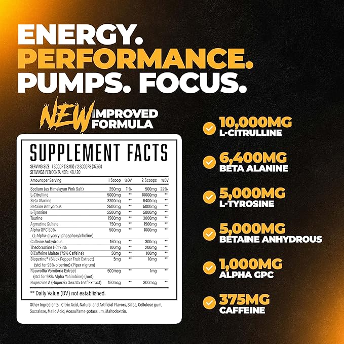 Wrecked Pre Workout Powder, Advanced Formula, Boosts Energy, Focus, Pumps & Performance, 10g L-Citrulline, 6.4g Beta Alanine, 5g Tyrosine, 1g Alpha GPC, 375mg Fast-Acting Caffeine & More (40 Servings)