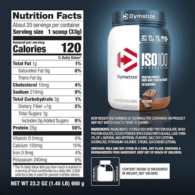 Dymatize ISO100 Whey Protein Powder Isolate, Fudge Brownie, 25g of Protein, 20 Servings, 5.5g BCAAs, Less Than 120 Cal., Gluten Free, 1g Fat, 1g Sugar, 2g Carb